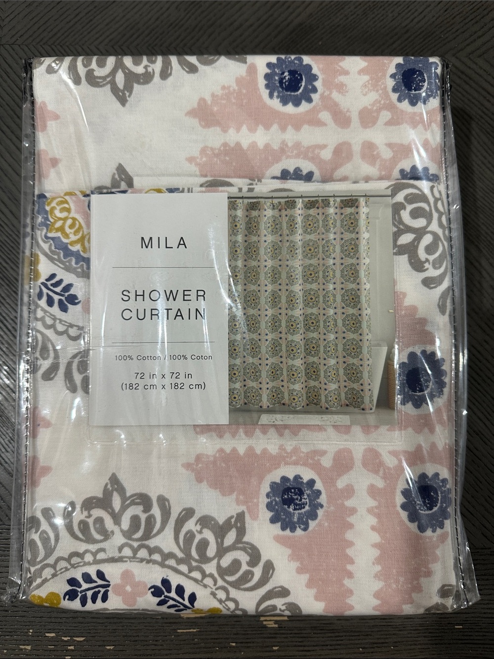 NWT MILA Vintage Floral Shower Curtain Navy & Pink Damask 72x72”